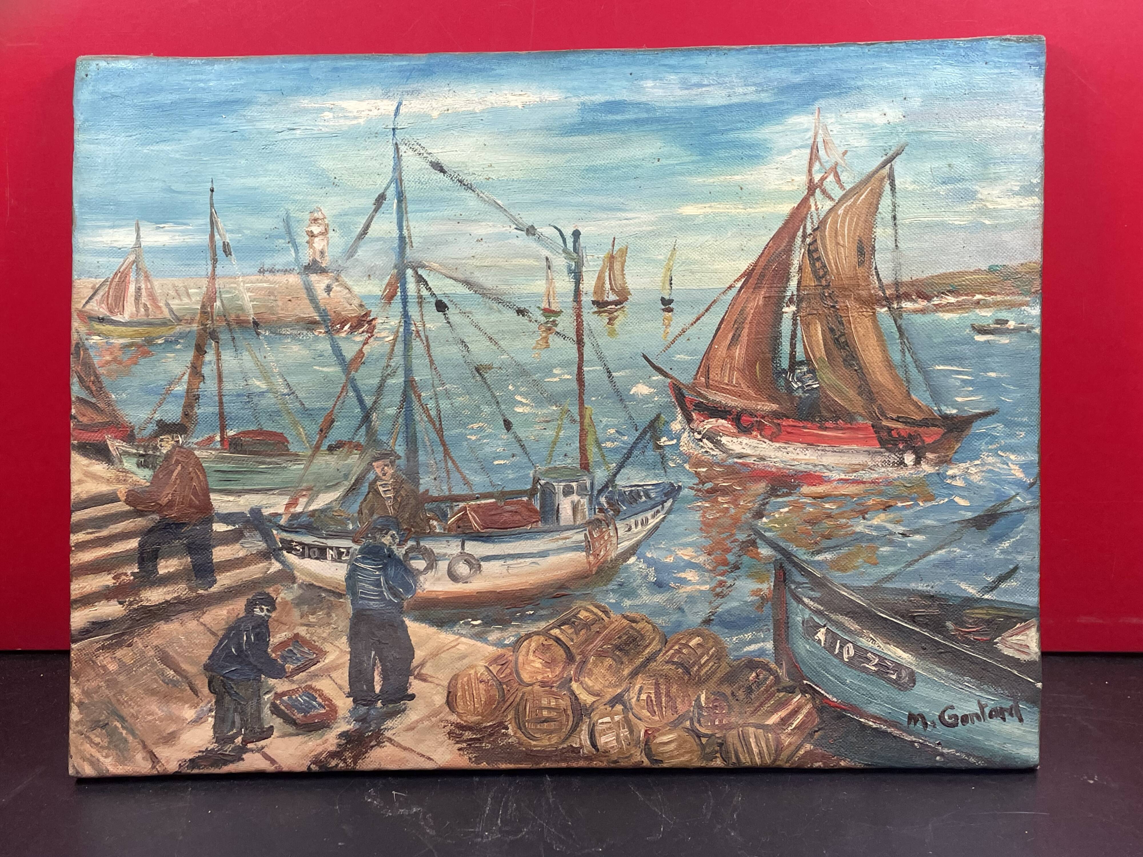 old marine, oil on canvas, M. Gontard! back from fishing 40 x 30 cm