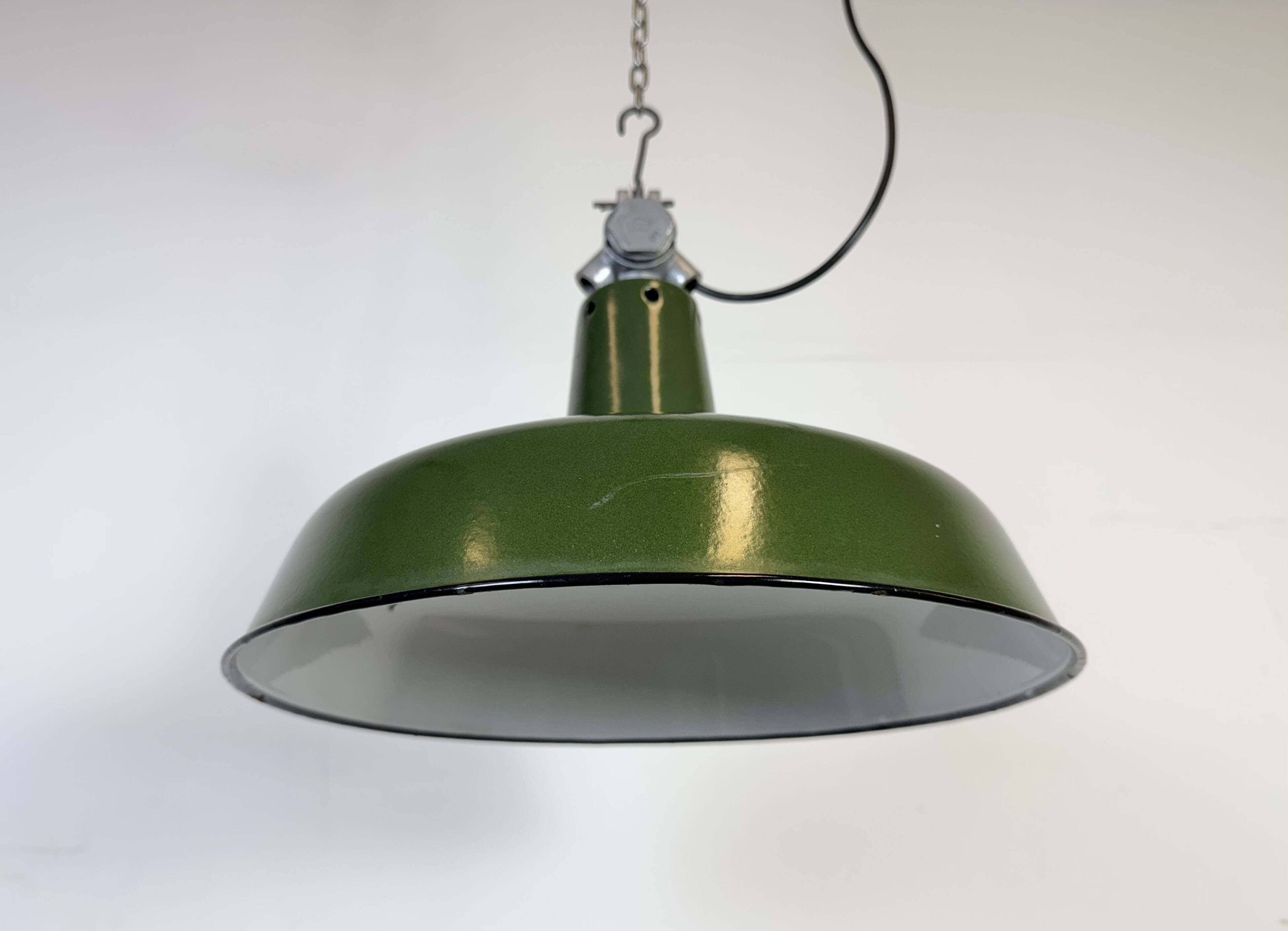 Industrial French Green Enamel Factory Pendant Lamp, 1960s