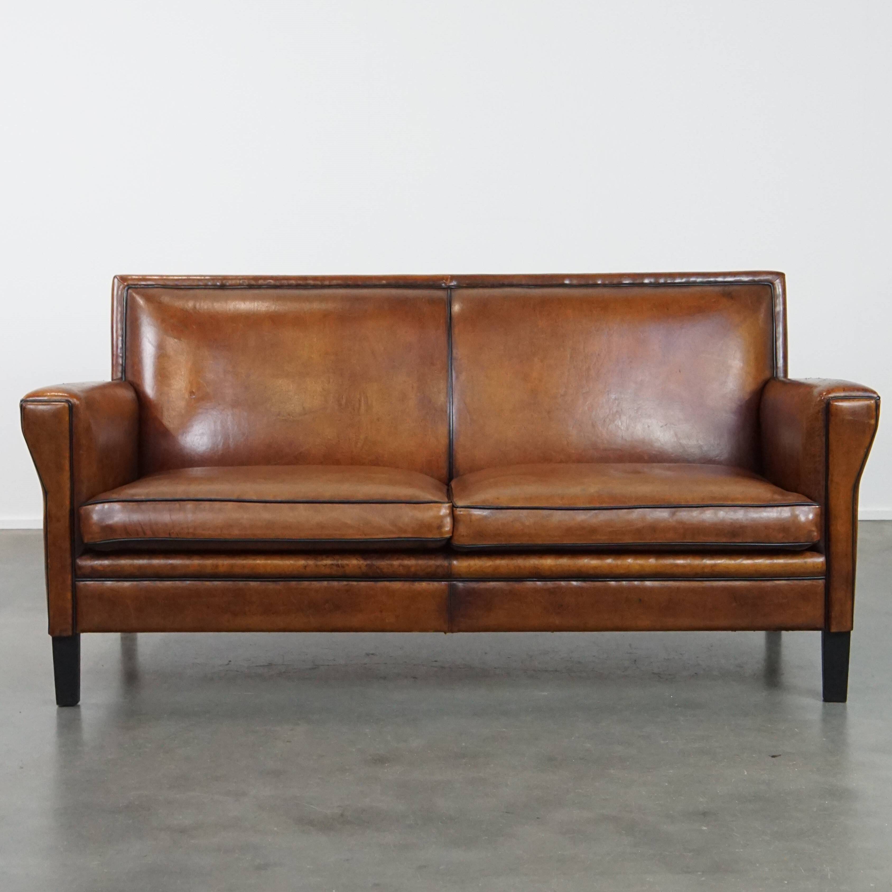 Sheepskin Leather 2-Seater Art Deco Sofa