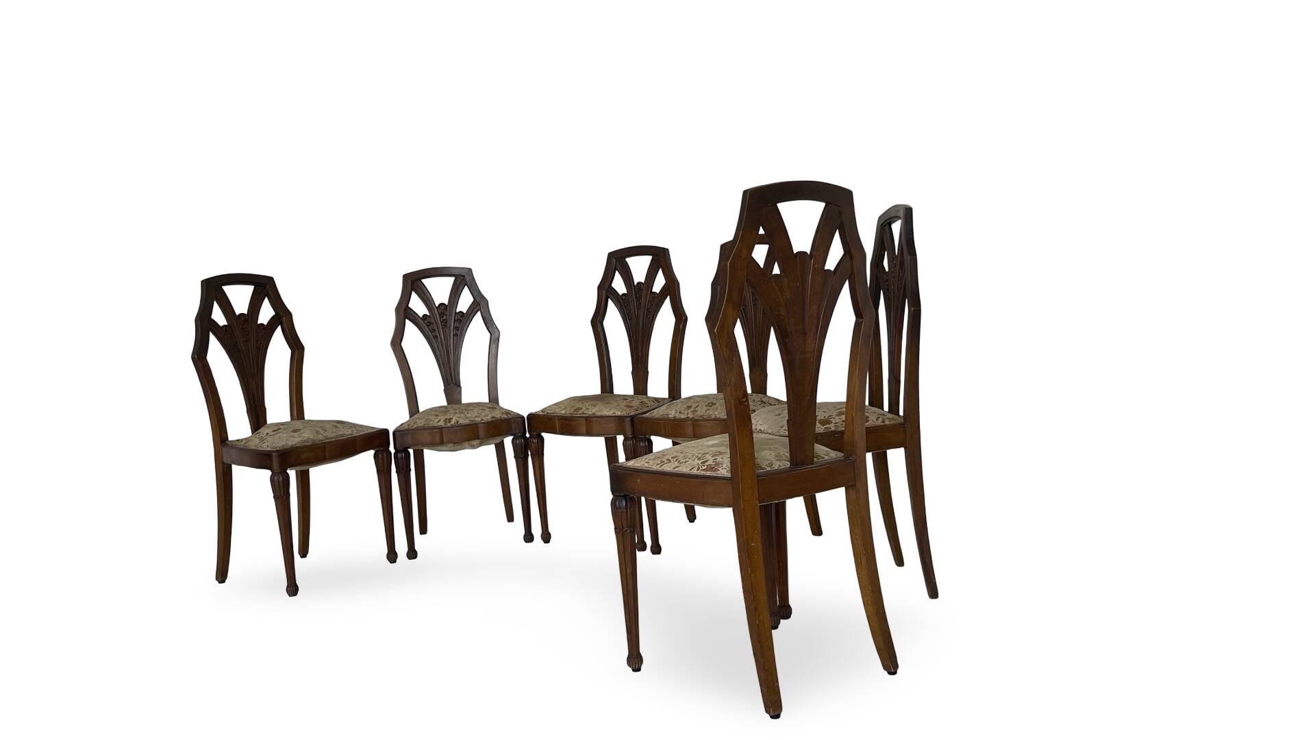 Ensemble de 6 chaises de salle à manger en noyer sculpté Art Déco, années 1920/1930