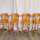 Ensemble de 4 chaises hautes de bar vintage en bois courbé avec accoudoirs / Couleur bois naturel
