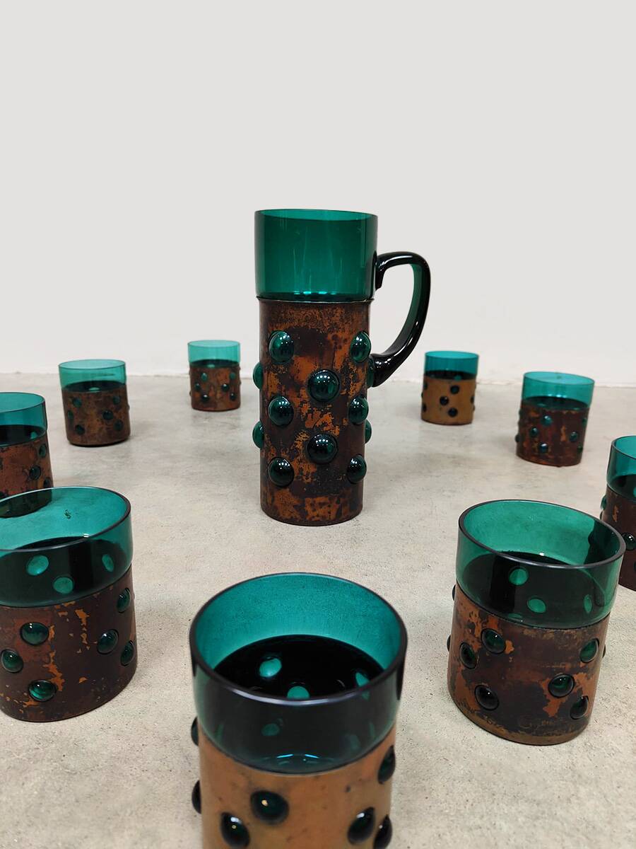 Vintage copper base bubble glass vase & glasses Nanny Still Raak