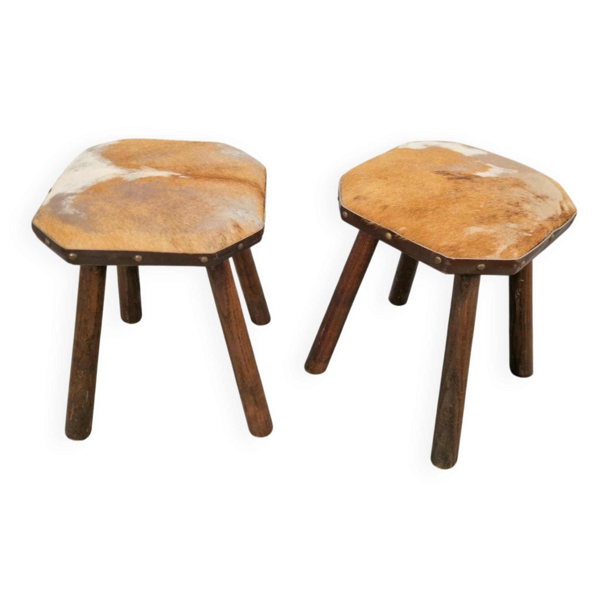 Vintage Milk Stools with Cowhide Seats, 1950s, Set of 2