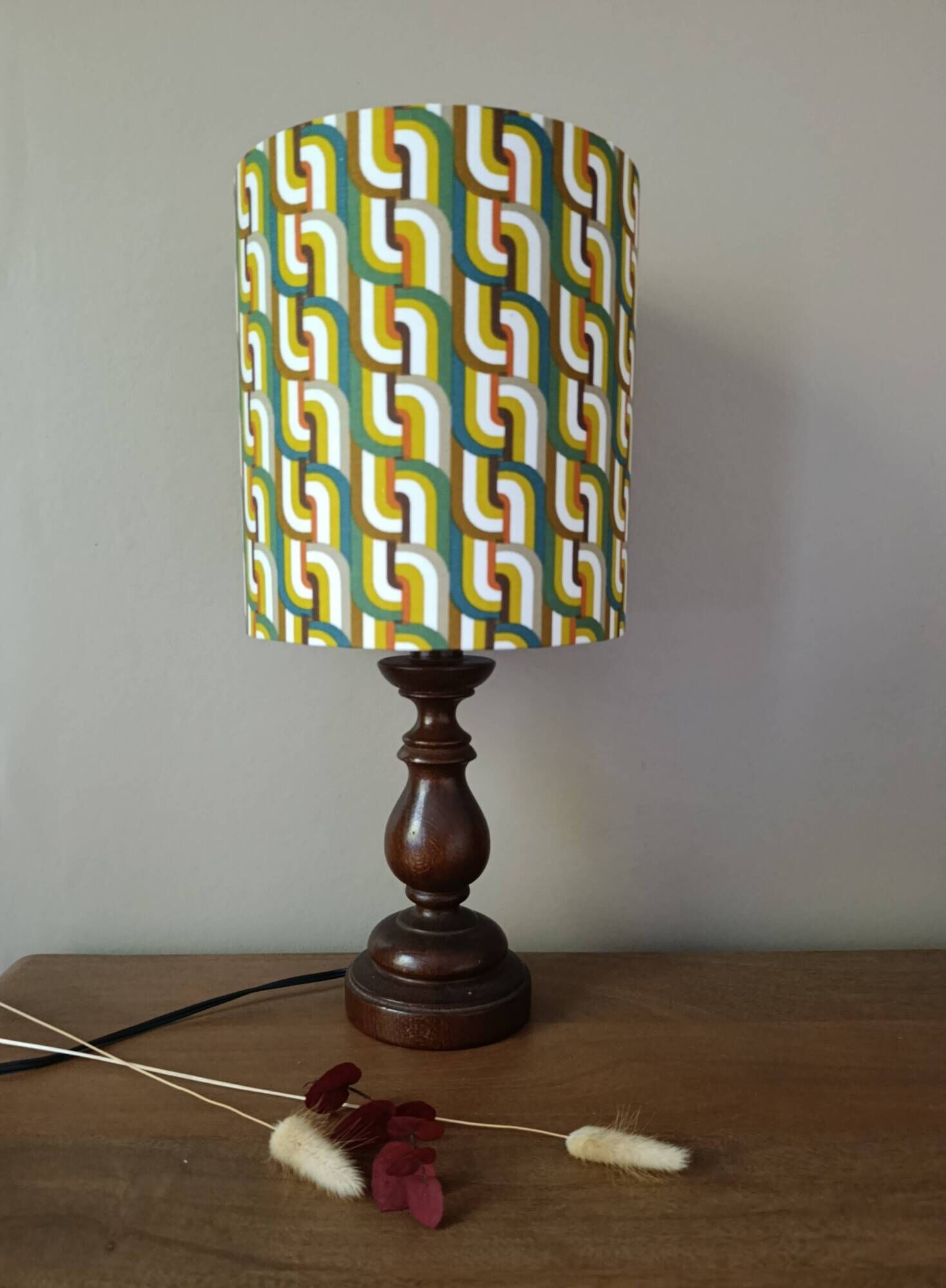 Vintage turned wood lamp, seventies graphic lampshade.