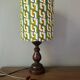 Vintage turned wood lamp, seventies graphic lampshade.