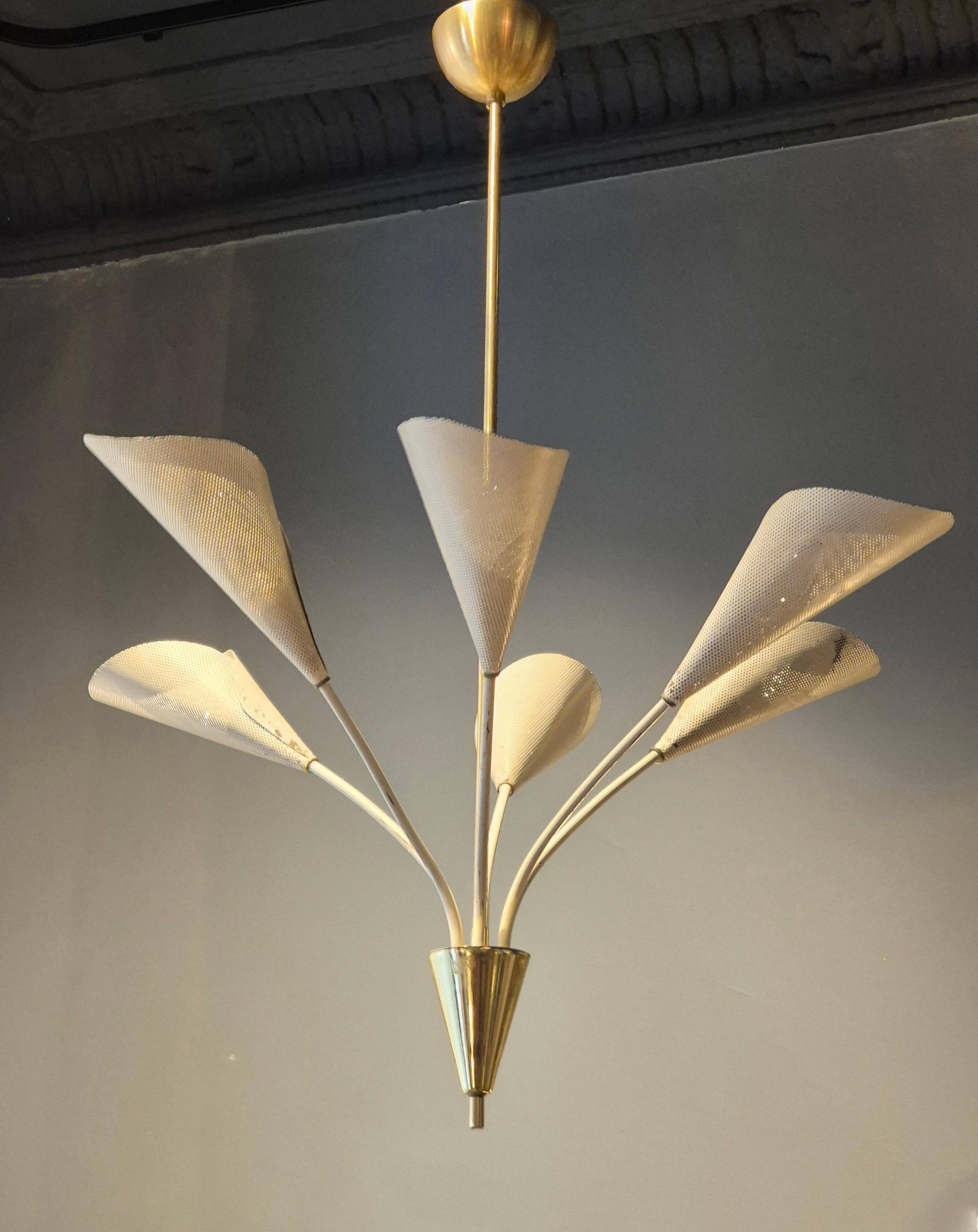 Elegant Chandelier with Six Arms, Perforated Metal Shade, Midcentury Modern