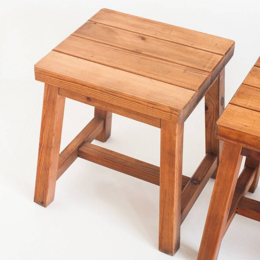 Set of 4 vintage pine stools. France, 1980s