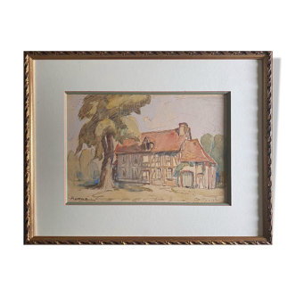 Tableau aquarelle Chaumière normande à Cailly 1931 signé Ronné