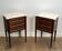 Pair of mahogany and brass side tables or bedside tables with Carrara marble tops.