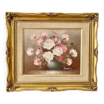 Bouquet painting of pink flowers signed Baeder