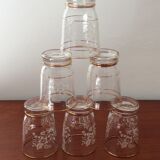 Set of 6 glasses decorations relief white flowers and golden edging - vintage