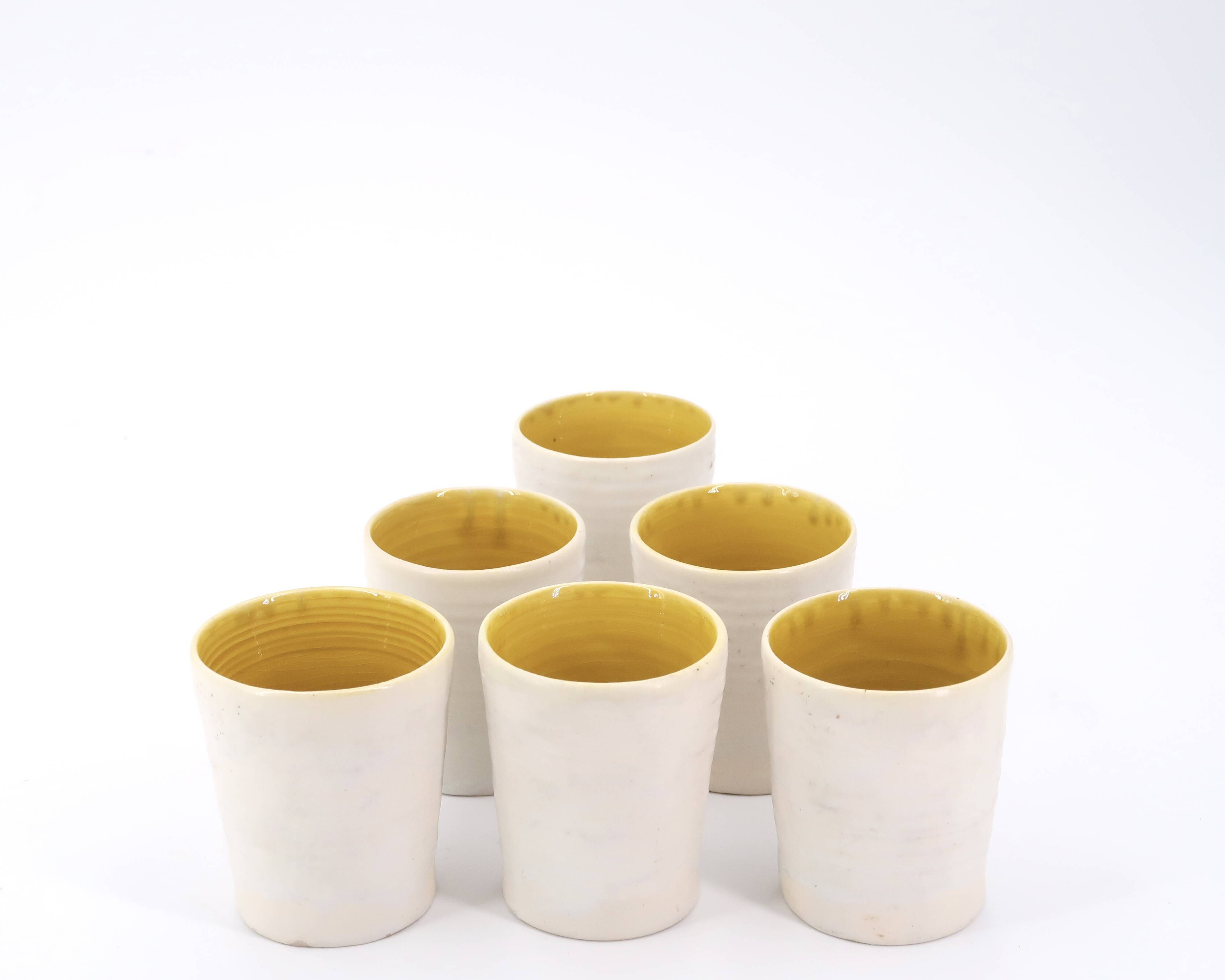 Ceramic glasses by Guy Resse white and yellow, Vallauris