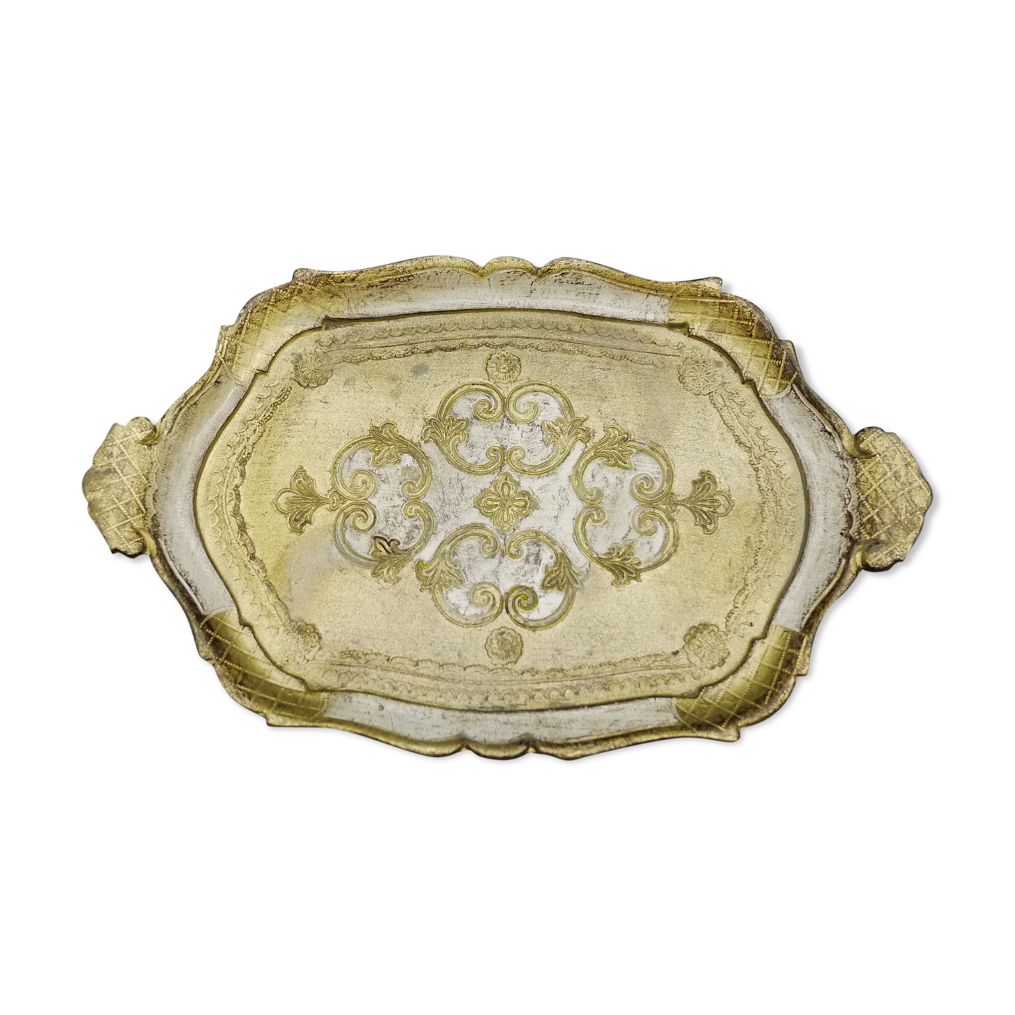 Florentine tray in resin painted in the hand with ornate handles