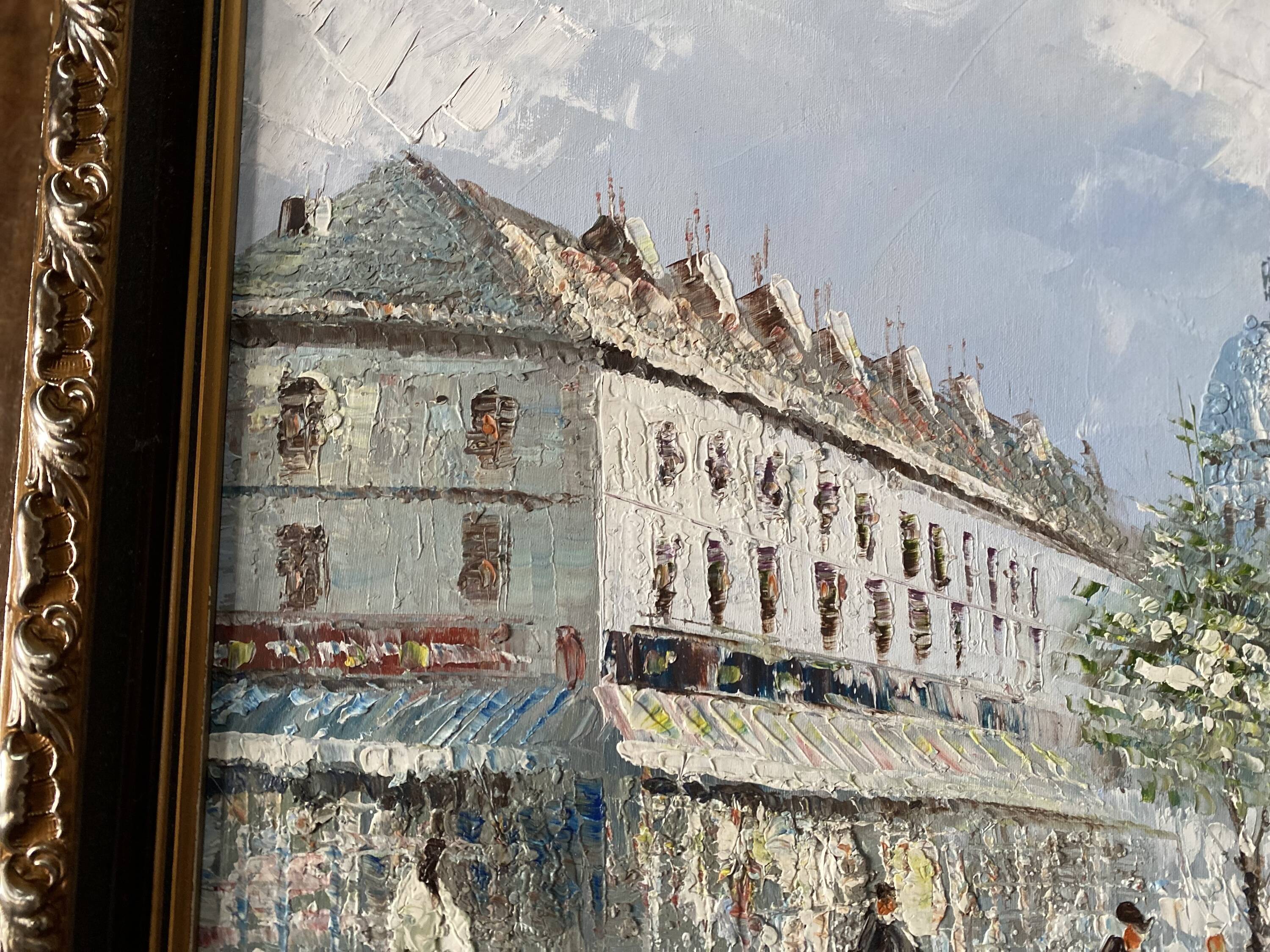 Painting by louis burnett, animated scene in montmartre, paris vintage 1950