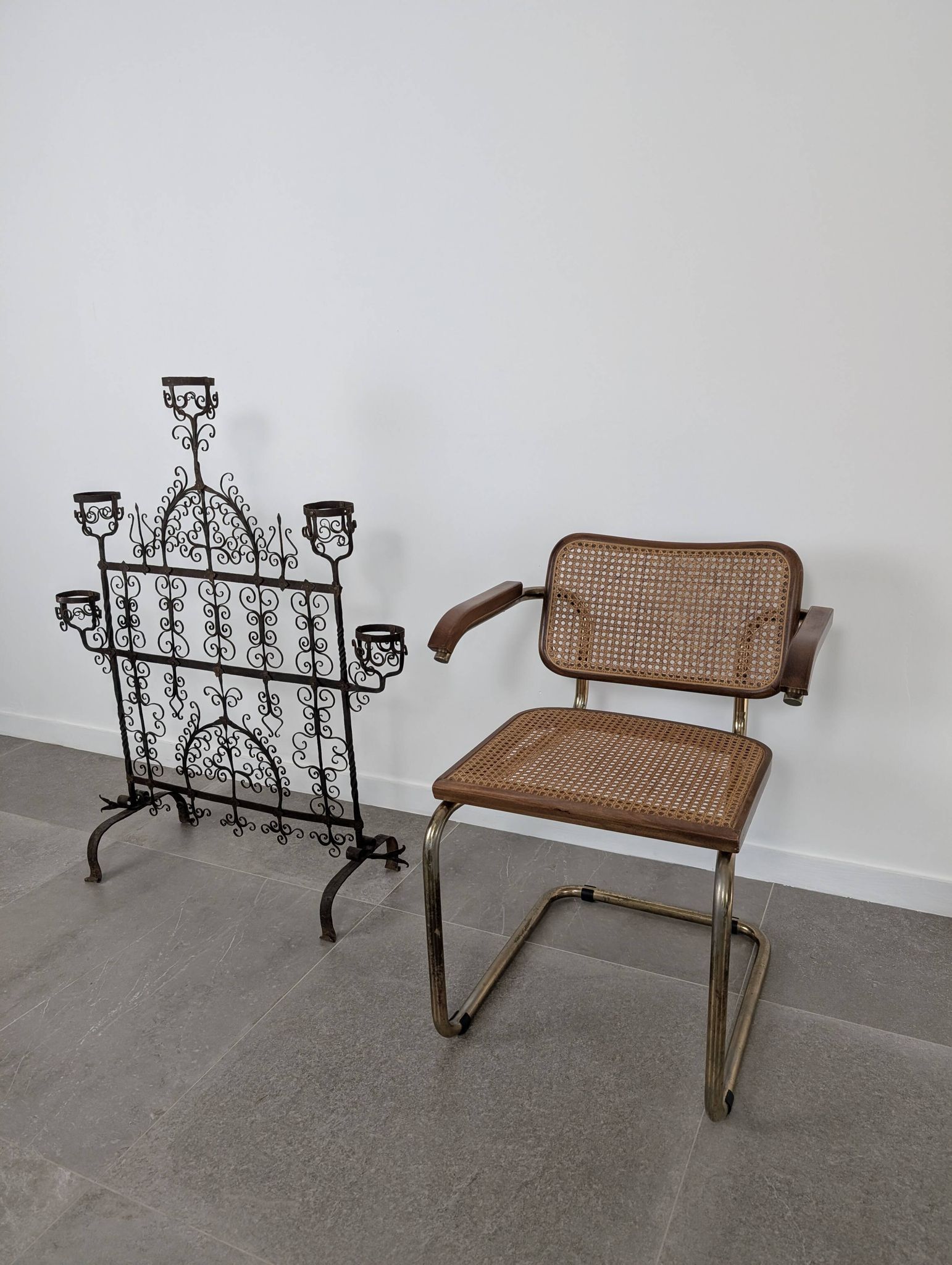 Spanish Wrought Iron Fireplace Screen Candelabra, Arts and Crafts, 1880s