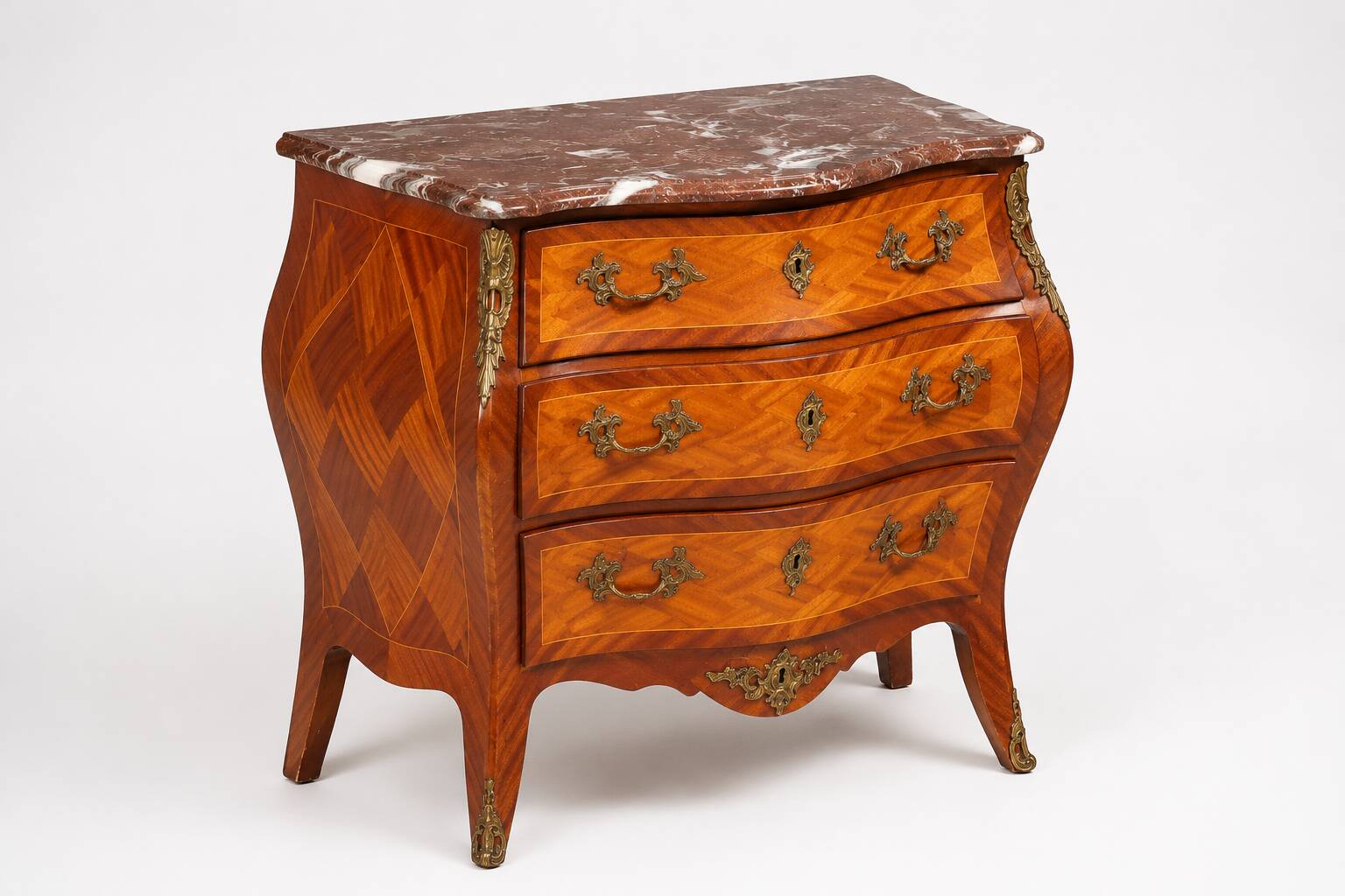 Marquetry Chest of Drawers — Mixed-Wood Veneer, Brass Mounts & Marble Top