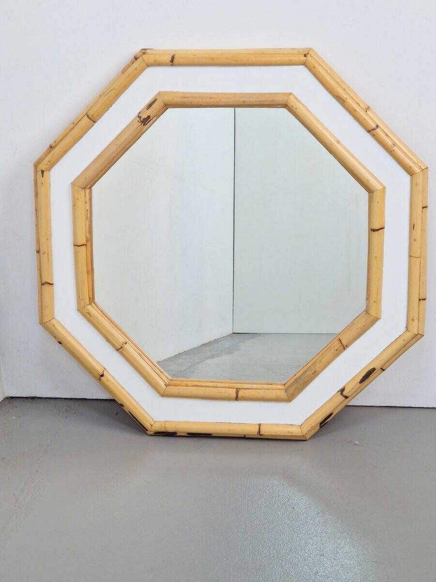Vintage Octagonal Wall Mirror in Bamboo, Italy, 1960s