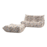 Togo pouf and 2-seater sofa in pattern by Michel Ducaroy for Ligne Roset, set of 2