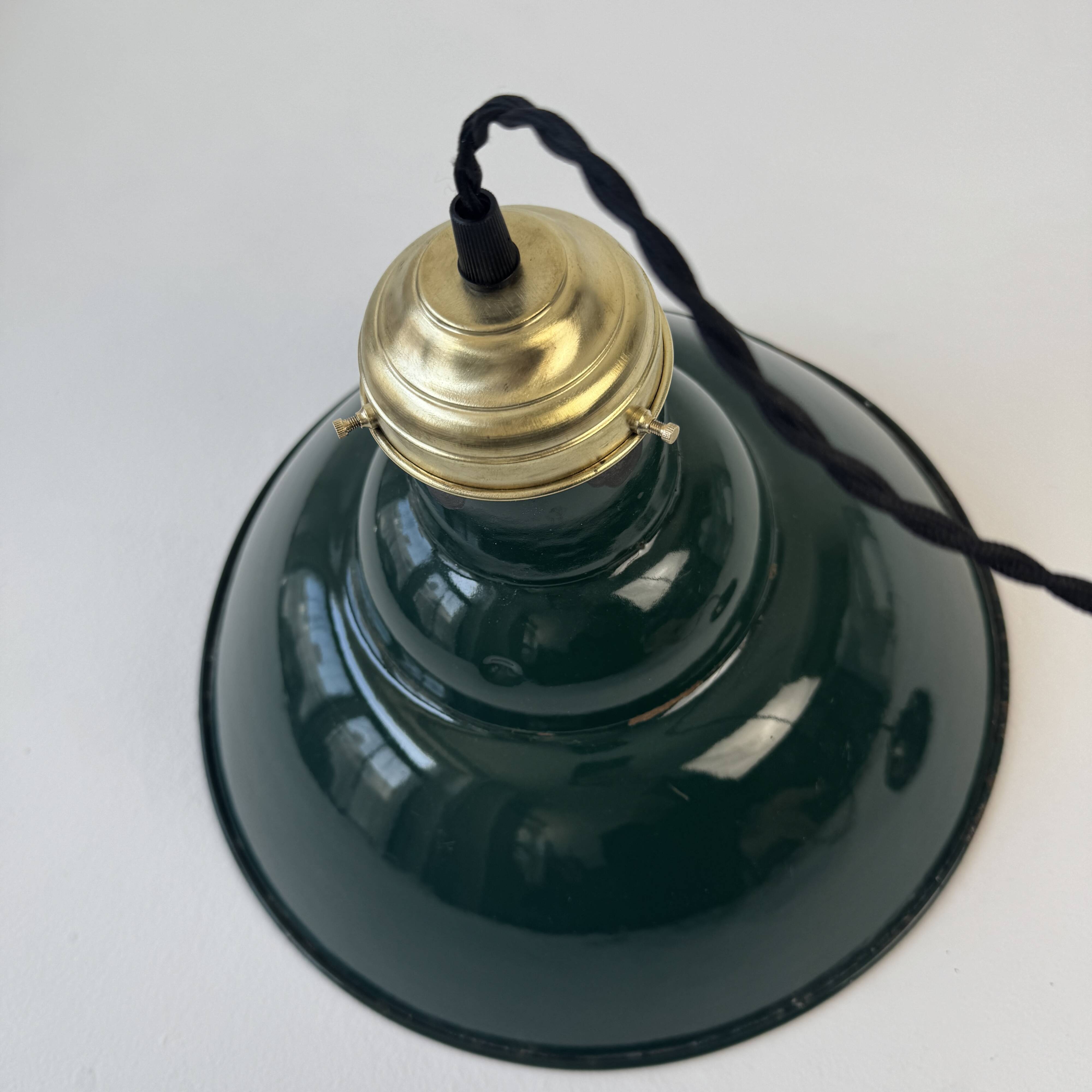 Old industrial pendant light, green enamel, 34 cm