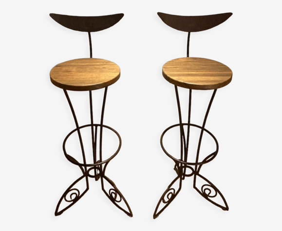 Paire tabourets design bois palissandre et fer forgé