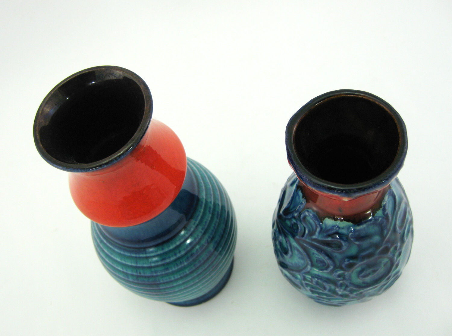 2 red and blue ceramic vases - Bodo Mans Bay Keramik - West Germany Pottery - vintage 60s