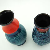2 red and blue ceramic vases - Bodo Mans Bay Keramik - West Germany Pottery - vintage 60s