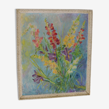 Old floral bouquet 1950 painting signed Mr.Laurent iris glaïeuls very beautiful state oil on canvas