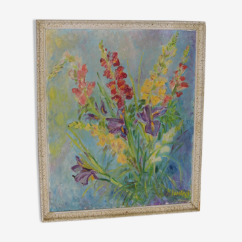 Tableau ancien bouquet floral 1950 signé M.Laurent  iris glaïeuls  très belle état huile sur toile