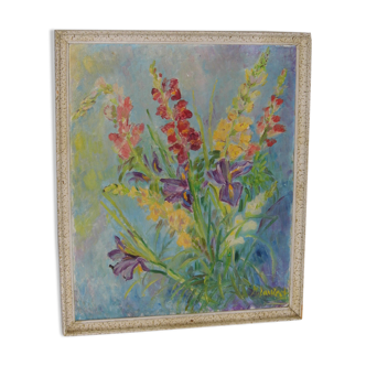 Old floral bouquet 1950 painting signed Mr.Laurent iris glaïeuls very beautiful state oil on canvas