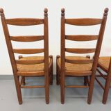 Set of 4 vintage brutalist Charles Dudouyt chairs in wood and straw from the 60s