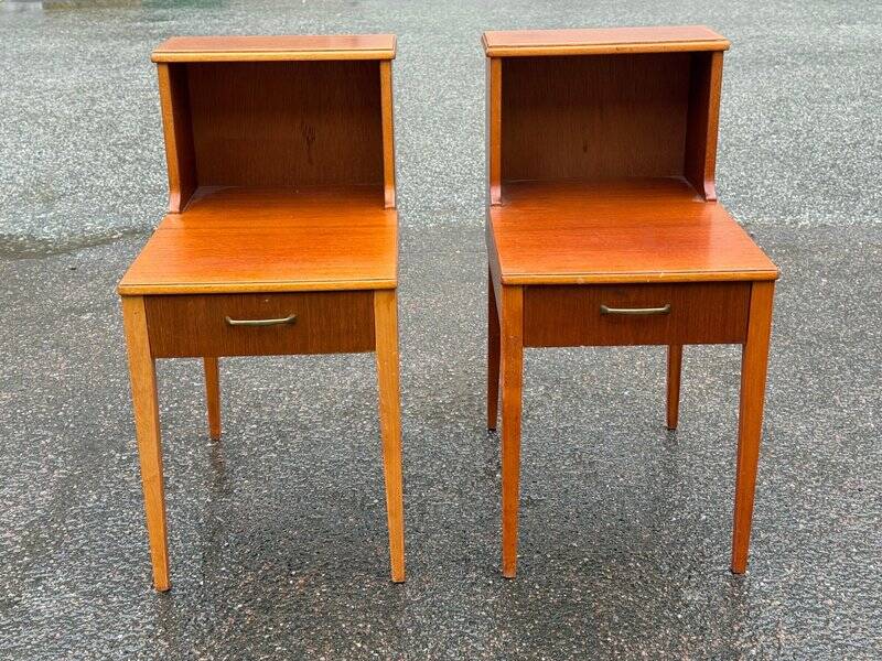 Set of 2 Scandinavian teak bedside tables with double tops, 1965
