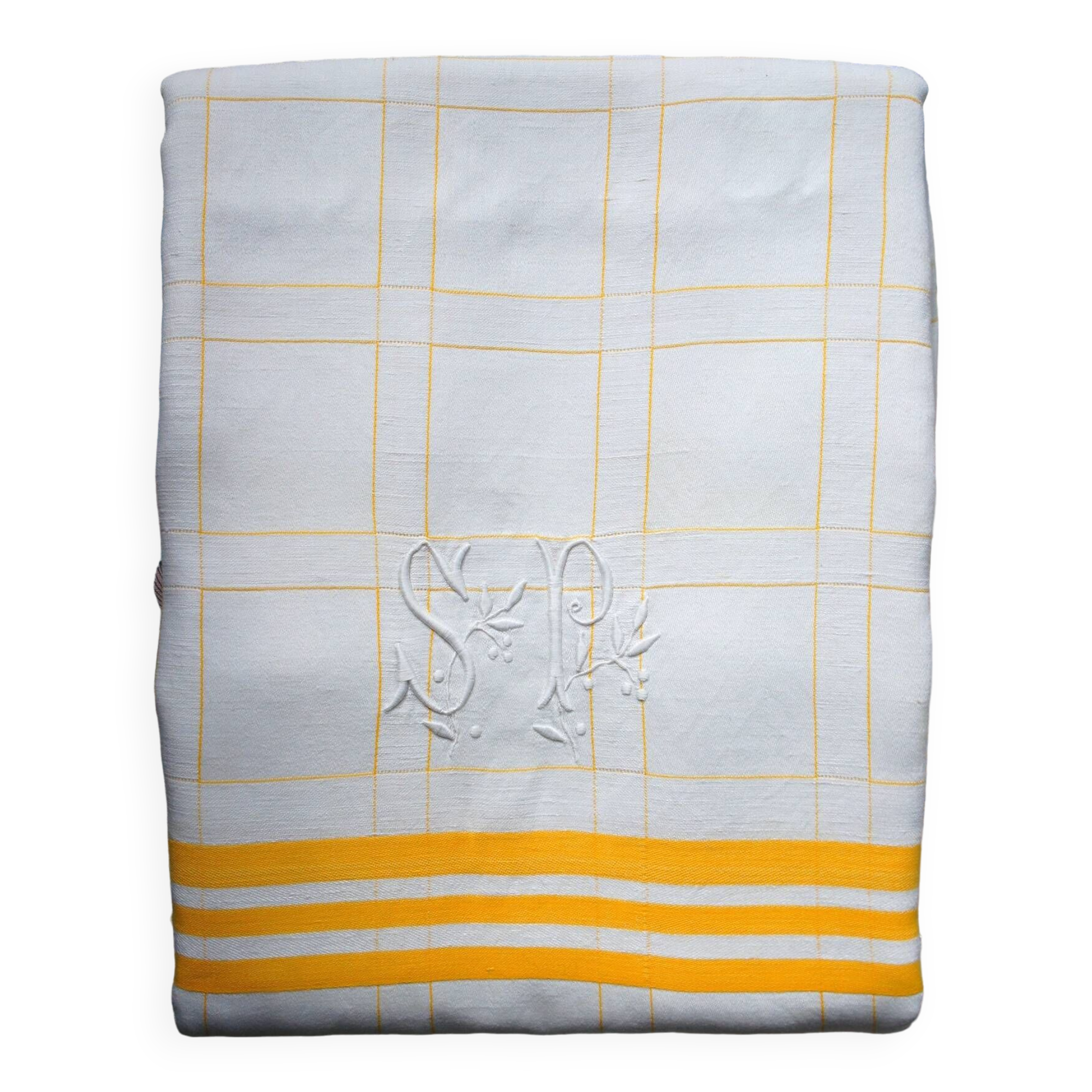 Checked & monogram half-linen tablecloth