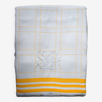 Checked & monogram half-linen tablecloth