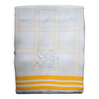 Checked & monogram half-linen tablecloth