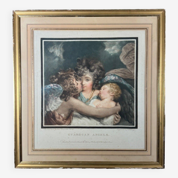 19th century color engraving Guardian Angels by Hodges baguette frame
