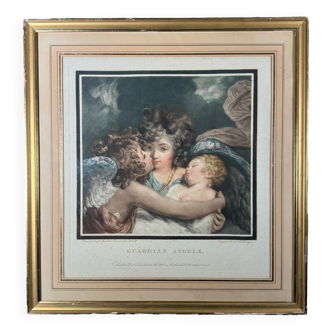 19th century color engraving Guardian Angels by Hodges baguette frame