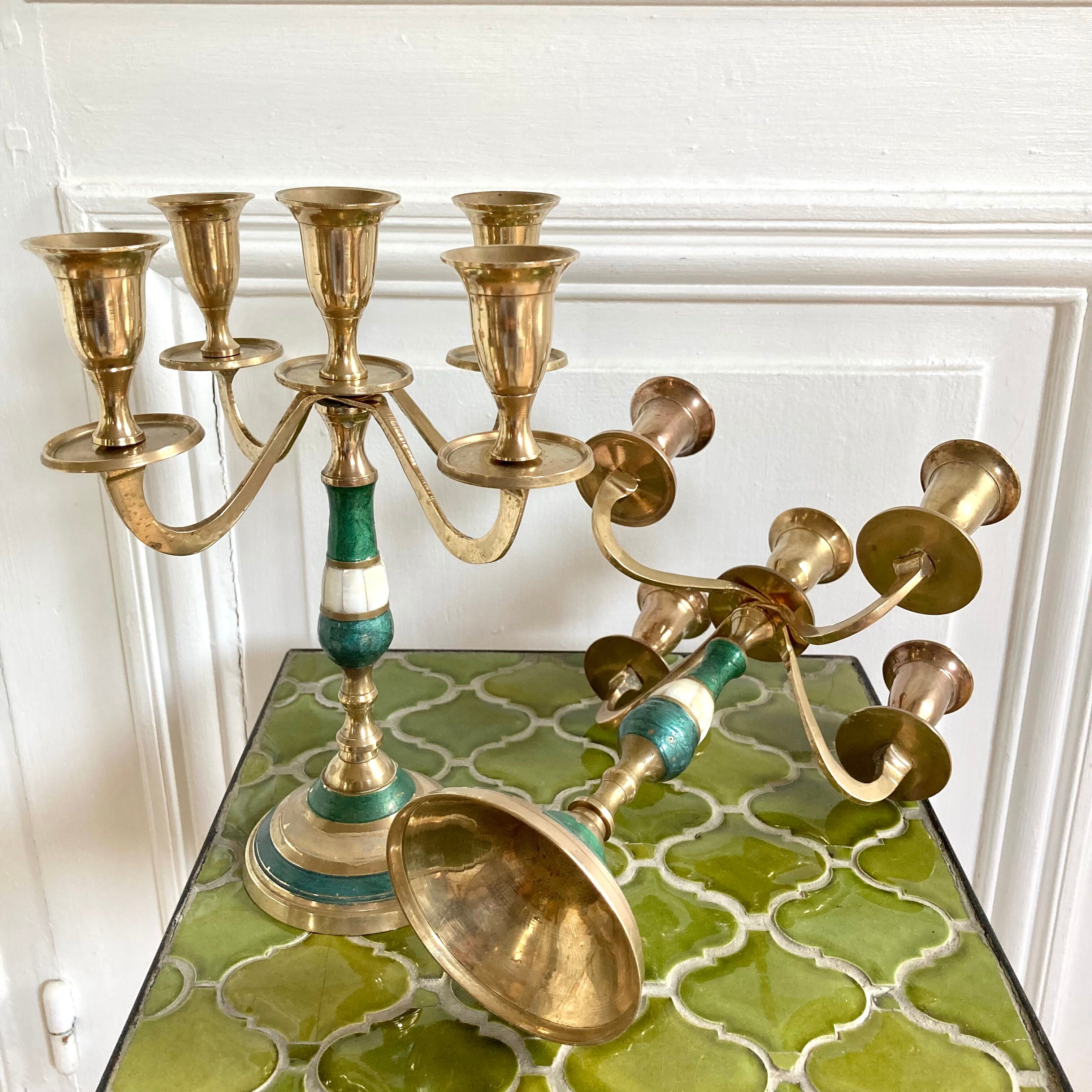 Pair of candlesticks brass and mother-of-pearl candlesticks
