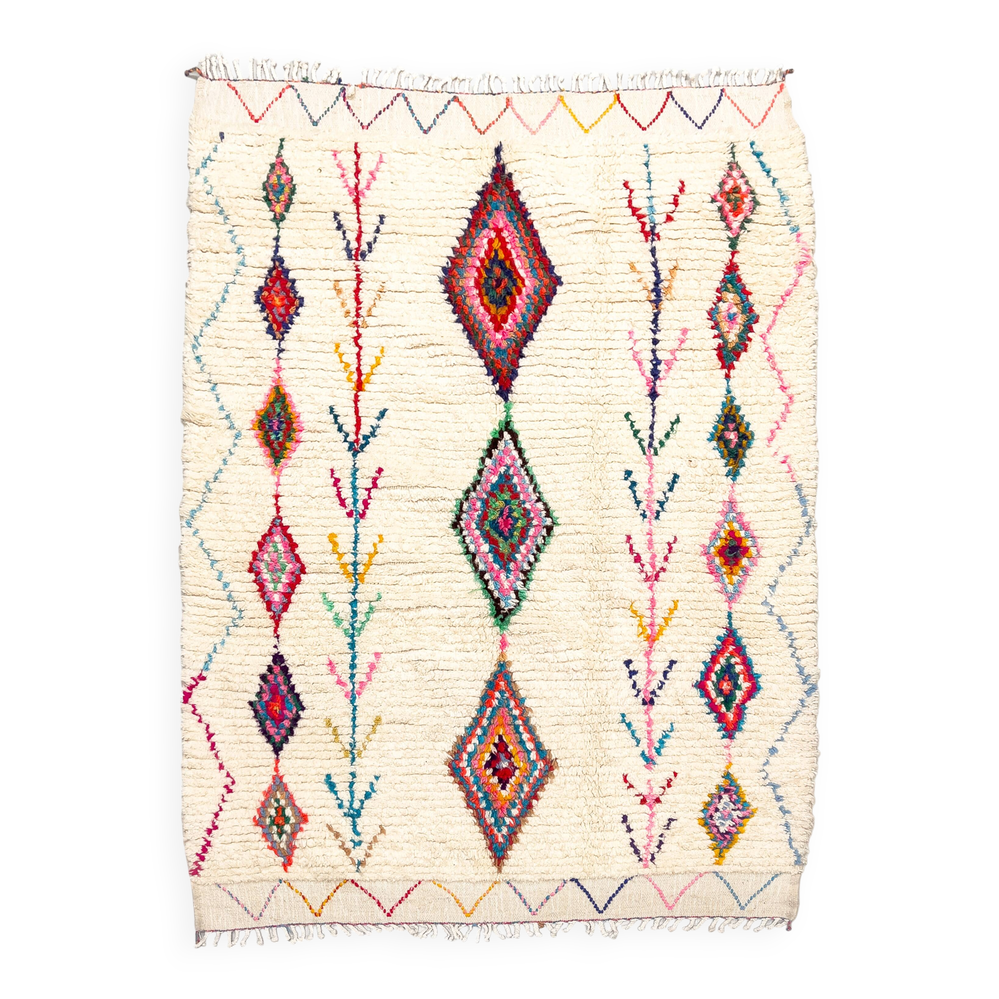Moroccan Berber rug Azilal, ecru with colorful patterns, 2.10x1.54m