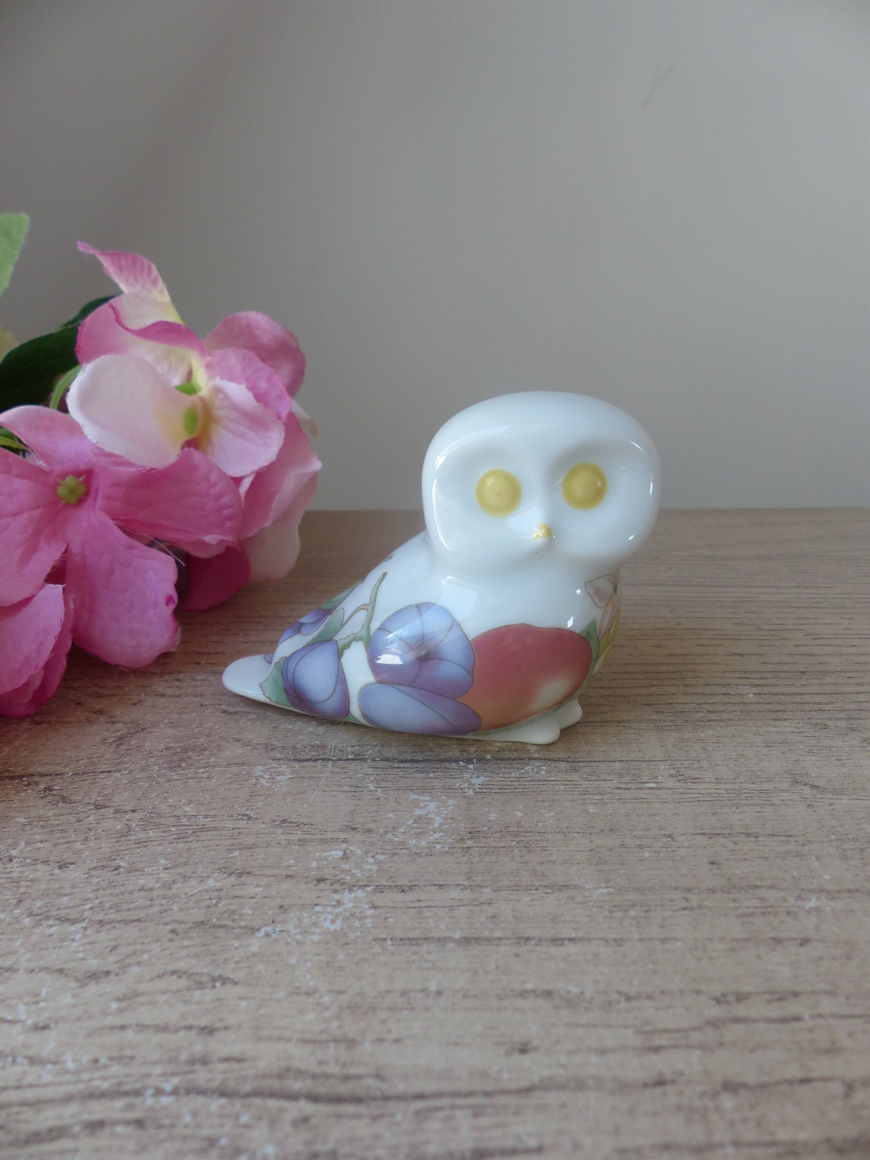 Porcelain owl figurine with fruit decoration, miniature owl with garden fruits