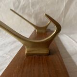Vintage wooden wall-mounted coat rack with 3 golden cast aluminum hooks