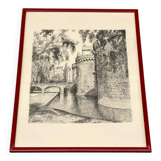 Charcoal drawing by Y. Sourhaud Sourkaud signature to identify Château Nantes