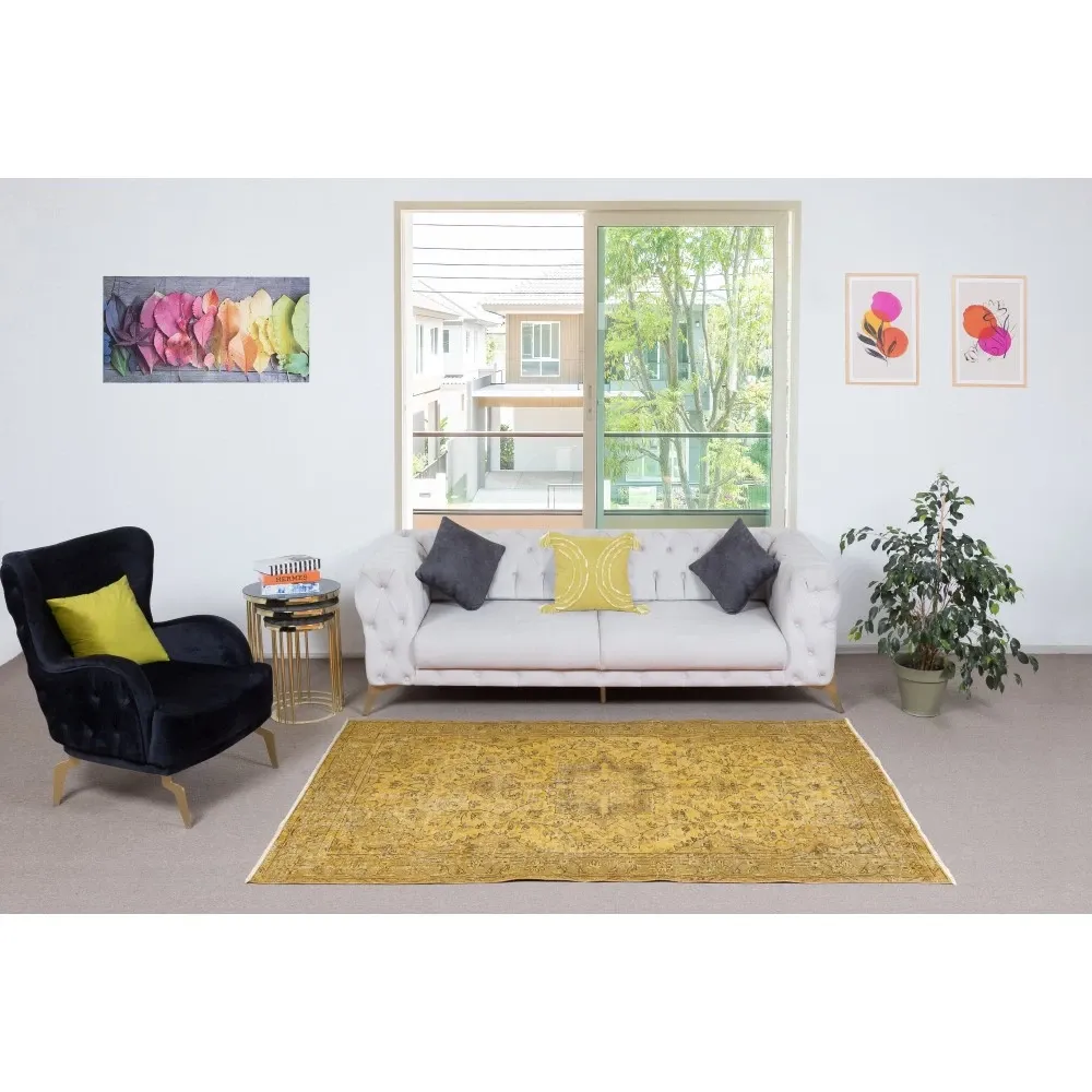 Vintage Handmade Medallion Design Rug Overdyed in Yellow for Modern Interiors