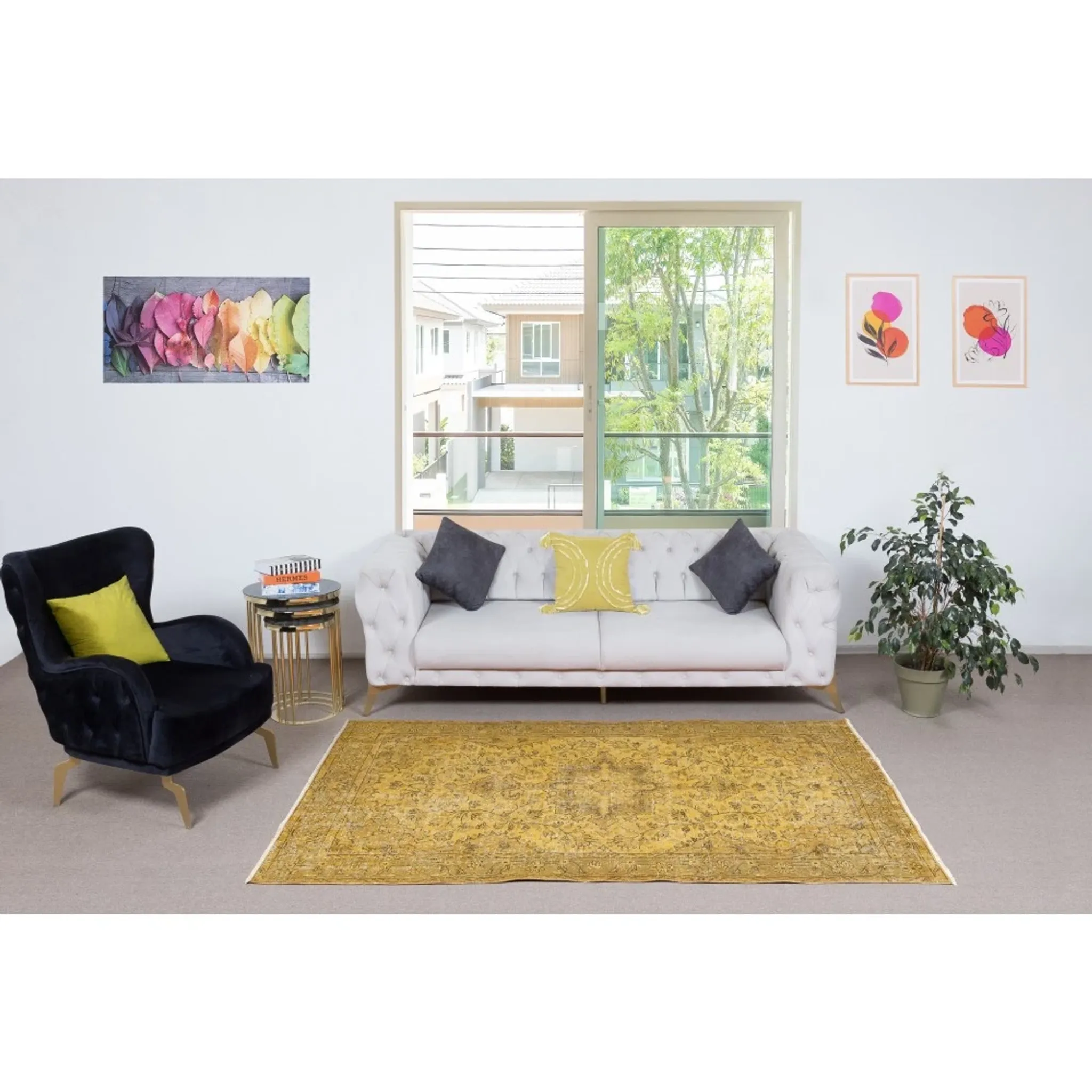 Vintage Handmade Medallion Design Rug Overdyed in Yellow for Modern Interiors