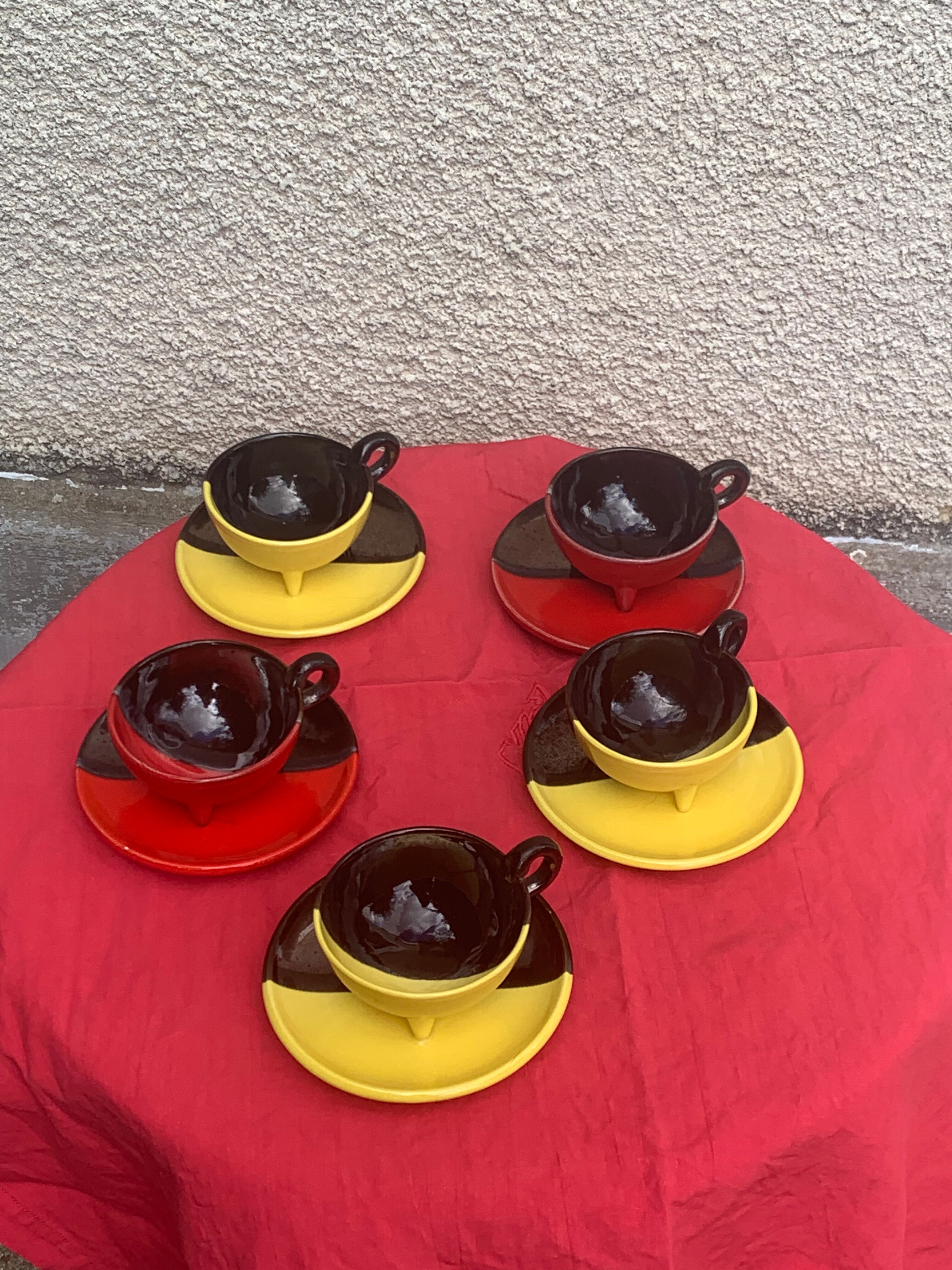 5 cups and 5 saucers signed Luc vallauris vintage