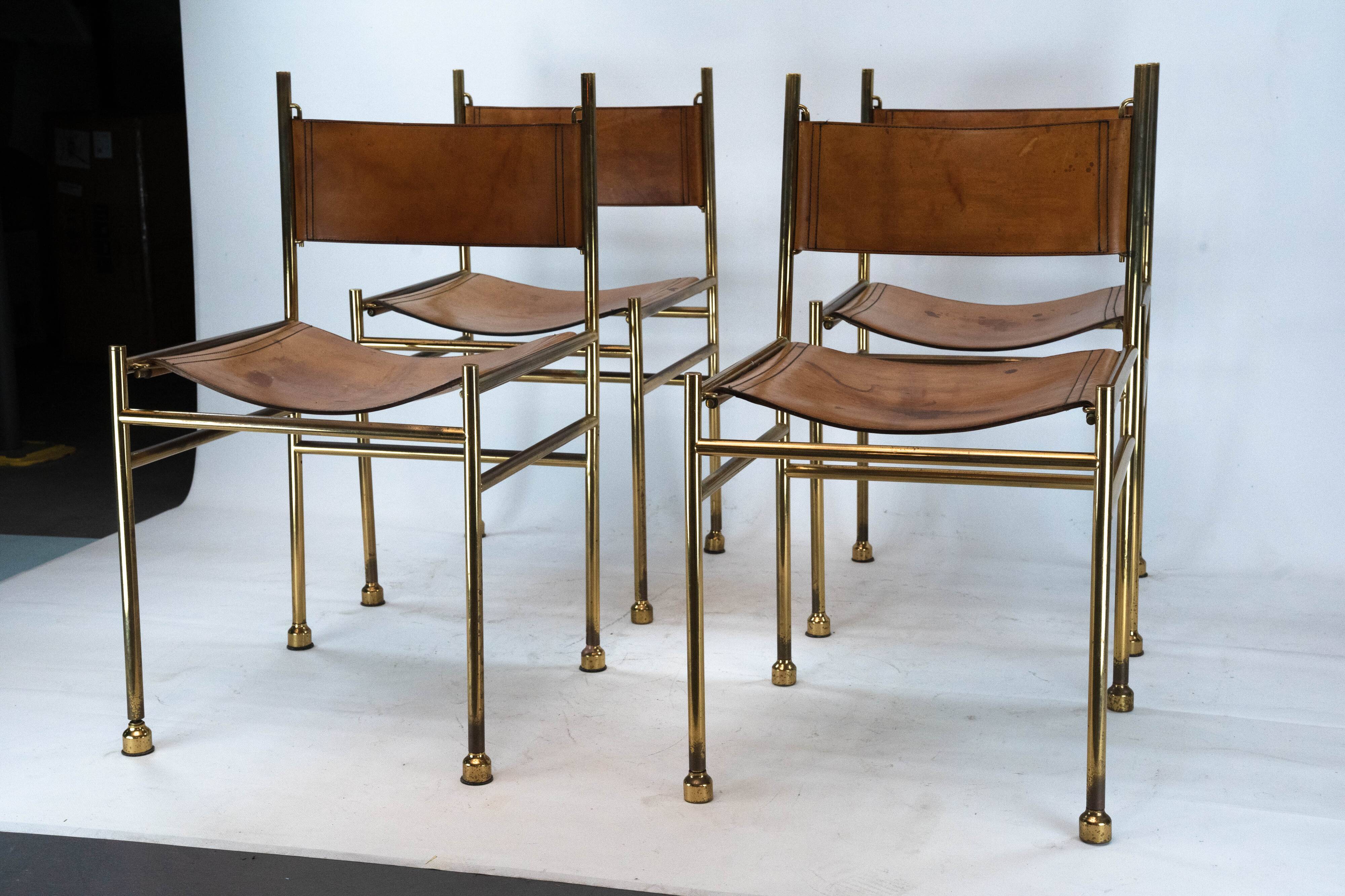 Set of 4 Brass and Leather Chairs by Luciano Frigerio, Italy, 1970s