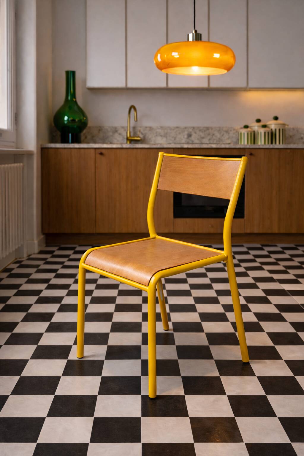 Vintage school chair trio – Coloured metal structure in yellow & blue