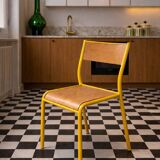 Vintage school chair trio – Coloured metal structure in yellow & blue