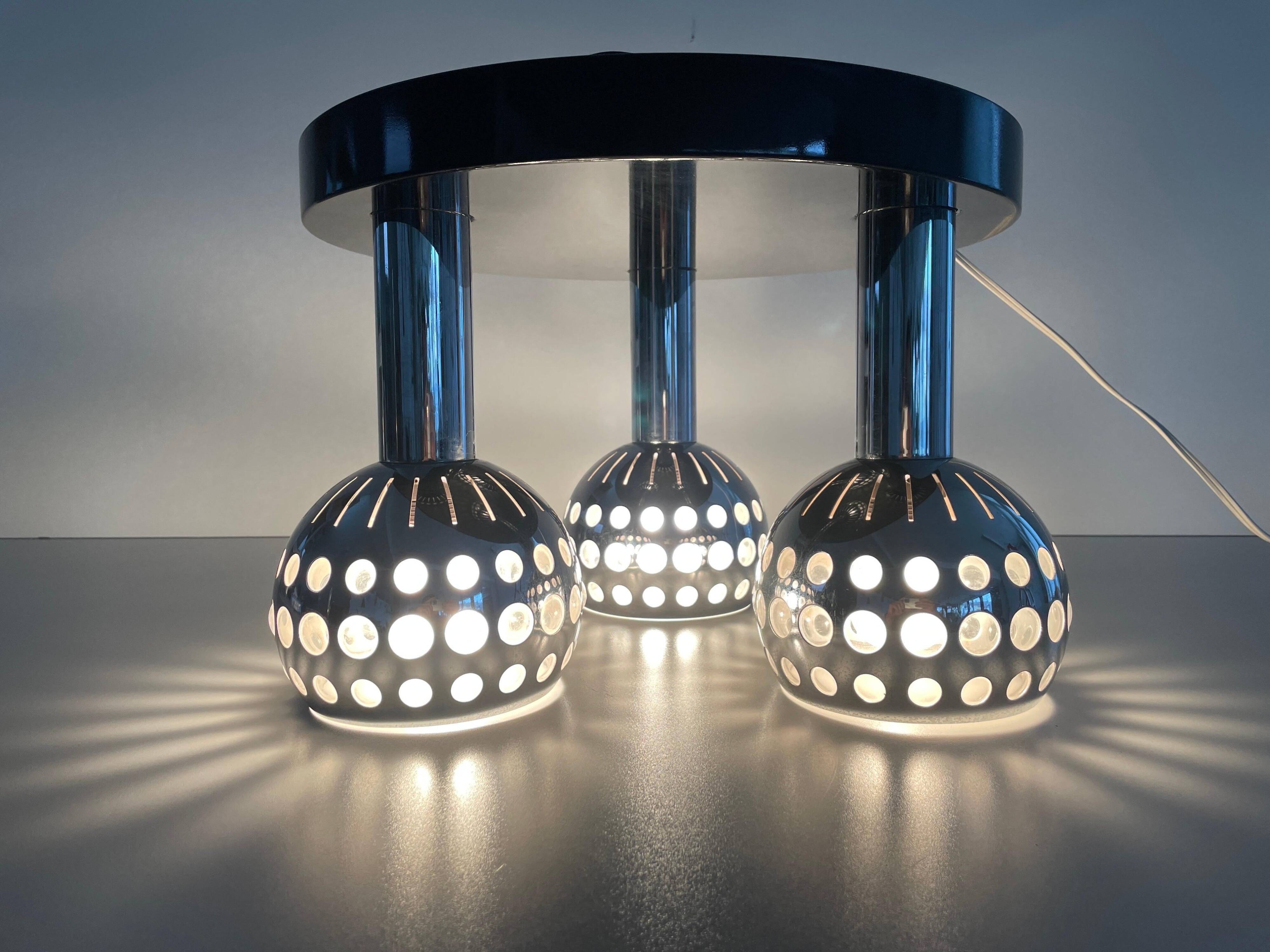 Mid-century ceiling light with 3 shades and wooden base, 1960s, Italy.