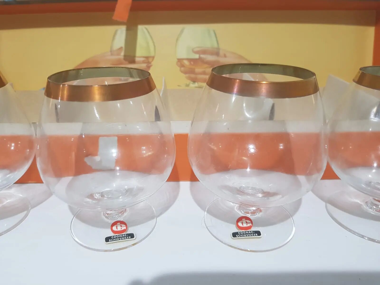 Set of 6 cognac glasses, clear glass, gilding / Austria / 1960s.