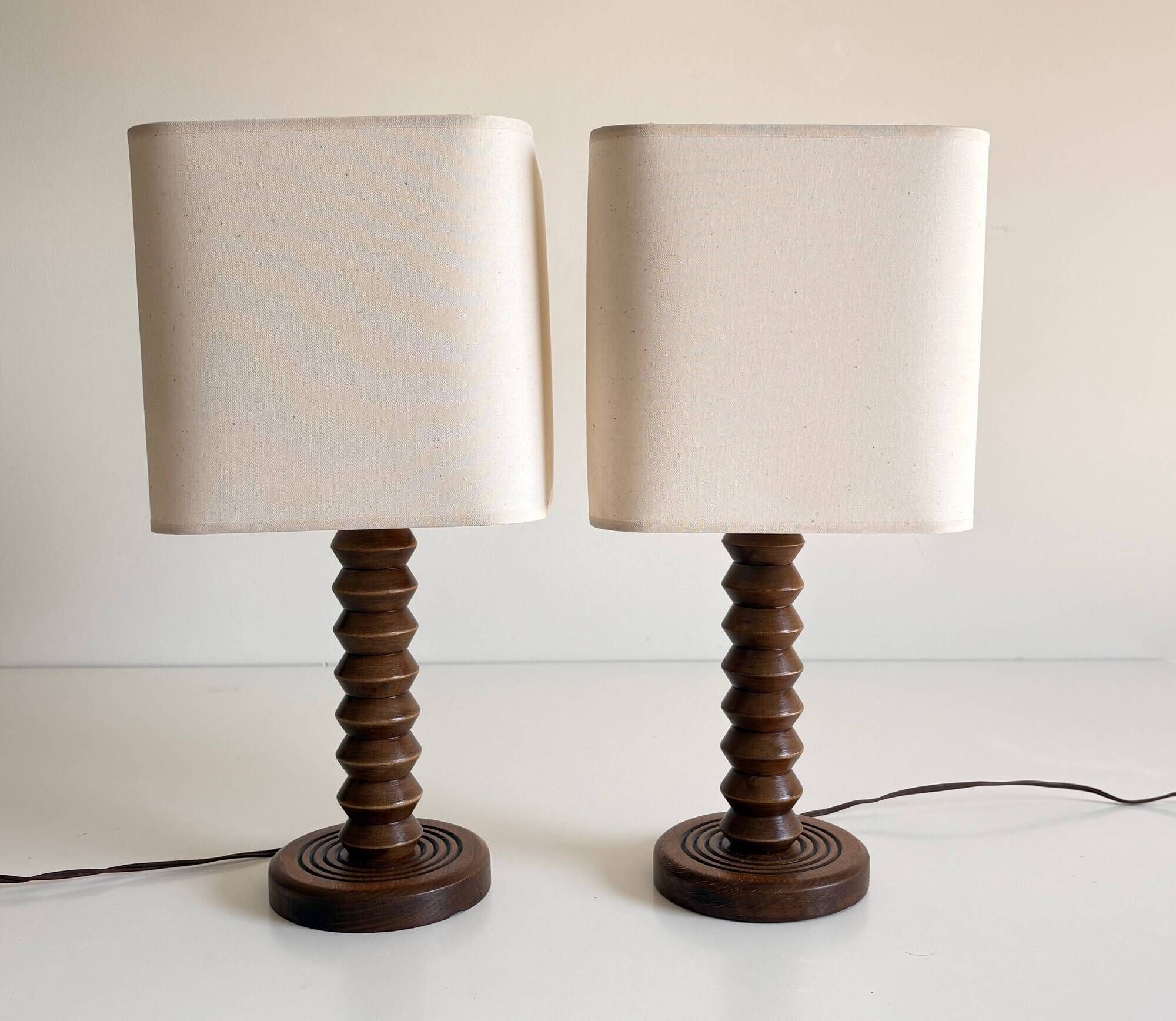 Pair of French Art Deco Wooden Table Lamps Attributed to Charles Dudouyt